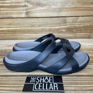 Crocs Women’s 7 Slide On Black Gray Comfort Sandals In Excellent Condition